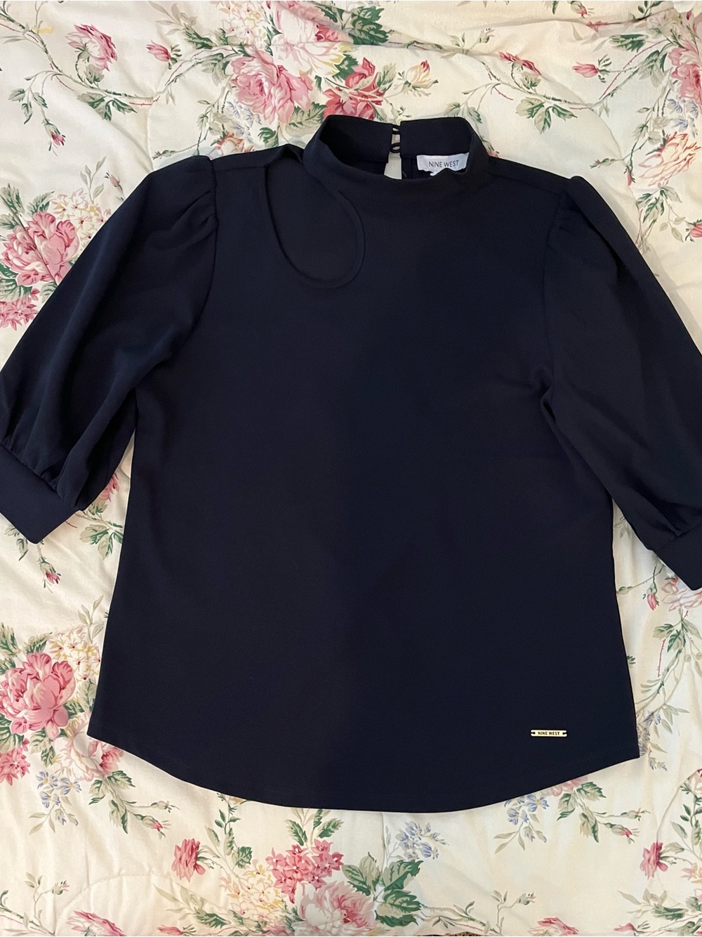 Nine West Navy Mock Neck Puff Sleeve Top